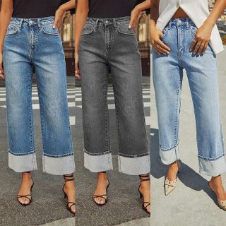 Women's High Waisted Straight Leg Jeans Wide Cuffed Hem Stretch Denim Pants Retro Streetwear Trousers Long Jeans