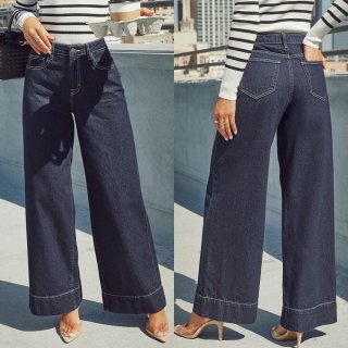 Women's High Waist Wide Leg Jeans Washed Cotton Blend Denim Pants Long Trousers For Casual Streetwear Office Commute Lady Comfortable Fashionable Deep Blue Denim Jeans