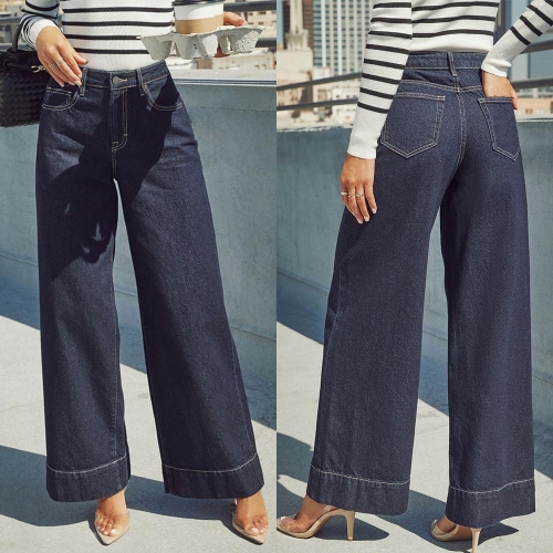 Women's High Waist Wide Leg Jeans Washed Cotton Blend Denim Pants Long Trousers For Casual Streetwear Office Commute Lady Comfortable Fashionable Deep Blue Denim Jeans