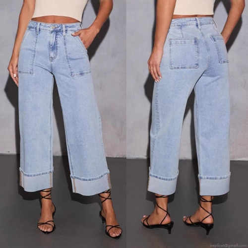 Women High Waisted Wide Leg Jeans Cotton Blend Stretchy Denim Pants Large Patch Pockets Cuffed Hem Washed Trendy Straight Leg Casual Commuting Trousers