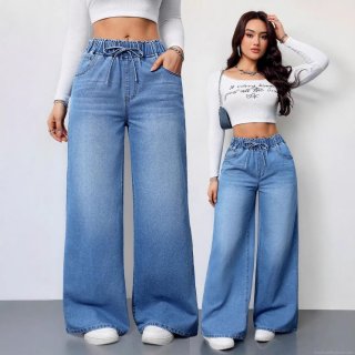 Women's High Waist Wide Leg Jeans Washed Denim Loose Fit Drawstring Elastic Waist Casual Long Trousers For Women Relaxed Style Denim Pants