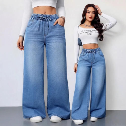 Women's High Waist Wide Leg Jeans Washed Denim Loose Fit Drawstring Elastic Waist Casual Long Trousers For Women Relaxed Style Denim Pants