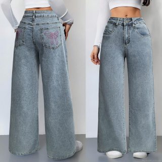 Women's High Waist Wide Leg Jeans Pink Bow Embroidery Washed Denim Pants Loose Streetwear Retro American Fashion Straight Leg Trousers