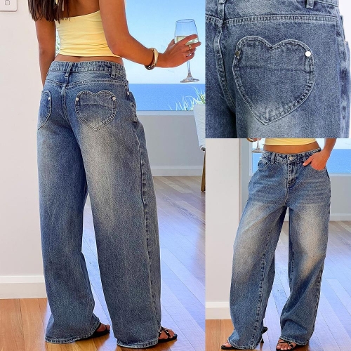 Women's Vintage Washed Cotton Blend Denim Wide Leg Jeans Featuring Heart Shaped Back Pockets Loose Fit High Waist Streetwear Long Pants For Women Casual Daily Vacation