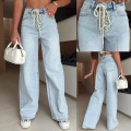 Women's High Waisted Wide Leg Jeans Cotton Blend Cross Lace Up Straight Denim Pants Fashion Vintage Streetwear Washed Light Blue Trousers
