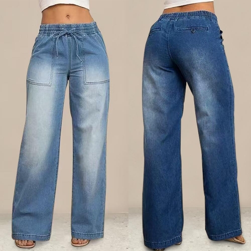 Women's Wide Leg Jeans Cotton Blend Denim High Waist Drawstring Elastic Waist Casual Daily Streetwear Fashion Loose Straight Denim Trousers for Women