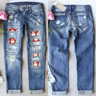 Women's Ripped Straight Leg Jeans Washed Denim Cotton Pants With Santa Claus Patch Distressed Christmas Holiday Party Trousers For Women