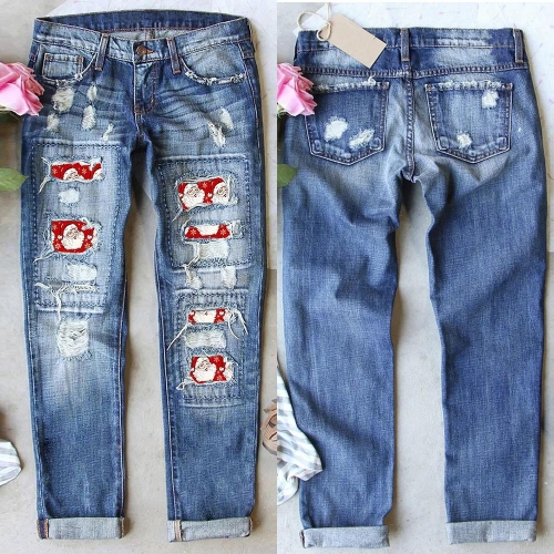 Women's Ripped Straight Leg Jeans Washed Denim Cotton Pants With Santa Claus Patch Distressed Christmas Holiday Party Trousers For Women