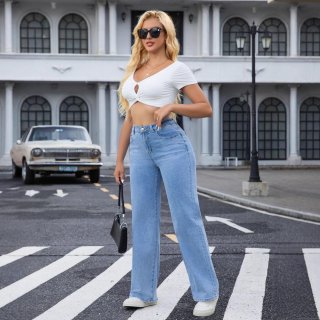 Women's High Waist Wide Leg Jeans Washed Cotton Blend Straight Denim Trousers For Street Casual Fashion Ladies Denim Long Pants