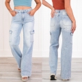 Women's High Waist Cargo Jeans Light Blue Wide Leg Straight Denim Pants With Multi Pockets Casual Streetwear Fashion Long Trousers