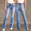 Women's High Waist Slim Flare Jeans Washed Denim With Fleur-de-lis Embroidery Double Button Closure Stretch Long Pants Western Streetwear Style For Women