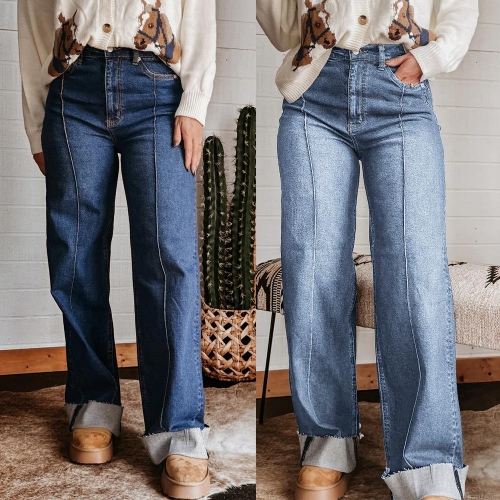 Women's High Waist Wide Leg Jeans Retro Washed Center Seam Denim Pants With Cuffed Hem Casual Streetwear Straight Leg Trousers For Women