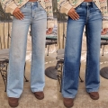 Women High Waist Wide Leg Denim Jeans Retro Loose Straight Casual Long Pants Washed Cotton Denim Trousers Streetwear For Ladies Daily Wear