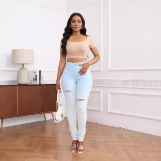 Women's High Waisted Ripped Skinny Jeans Distressed Gradient Cotton Rayon Blend Denim Pencil Pants Streetwear Casual Slim Fit Shaping Trousers