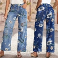 Women's Retro Floral Print High Waisted Wide Leg Jeans Cotton Blend Denim Straight Leg Loose Fit Long Trousers Streetwear Aesthetic