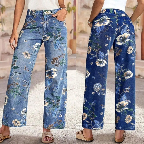Women's Retro Floral Print High Waisted Wide Leg Jeans Cotton Blend Denim Straight Leg Loose Fit Long Trousers Streetwear Aesthetic