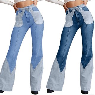 Women's High Waisted Patchwork Flare Jeans Cotton Blend Color Block Denim Bell Bottom Pants With Tie Belt