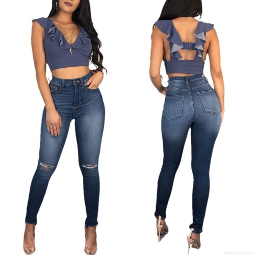 Women's High Waist Ripped Skinny Jeans Stretchy Distressed Denim Pencil Pants Slimming Hip Lift Streetwear Slim Fit Trousers Daily Party Wear