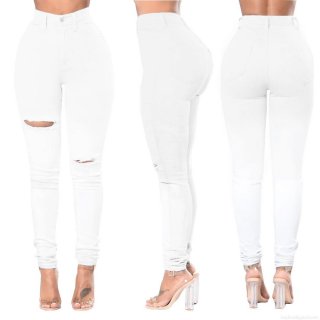 Women's White Distressed Skinny Jeans High Waisted Ripped Denim Pants Stretchy Slim Fit Cotton Blend Pencil Trousers Streetwear Casual Daily Wearing
