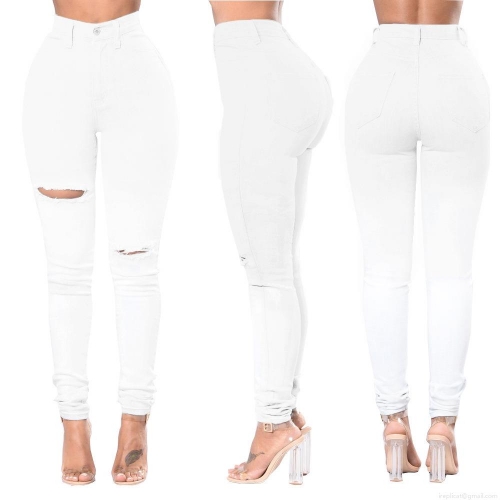Women's White Distressed Skinny Jeans High Waisted Ripped Denim Pants Stretchy Slim Fit Cotton Blend Pencil Trousers Streetwear Casual Daily Wearing