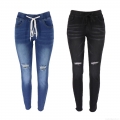 Women High Waist Distressed Skinny Jeans With Drawstring Waist Cotton Blend High Stretch Ripped Denim Pencil Pants For Sexy Streetwear Casual Dailywear