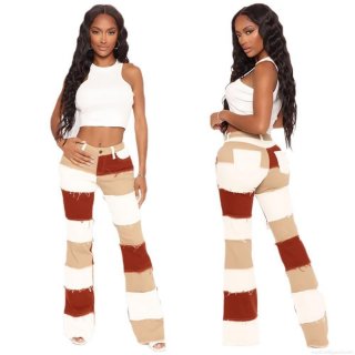 Women High Waisted Patchwork Flare Jeans Cotton Blend Stretchy Color Block Denim Pants With Raw Edge Distressed Bell Bottom Trousers Urban Streetwear Fashion