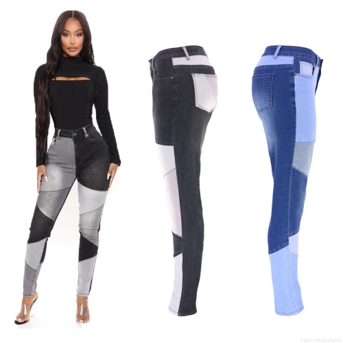 Women's High Waist Patchwork Skinny Jeans Slim Fit High Stretch Color Block Denim Trousers Shaping Streetwear Trousers Cotton Blend Pants