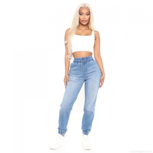 Women's High Waist Denim Jogger Jeans Cotton Blend Stretch Elastic Waist Drawstring Tapered Pants with Pockets Casual Streetwear Denim Joggers