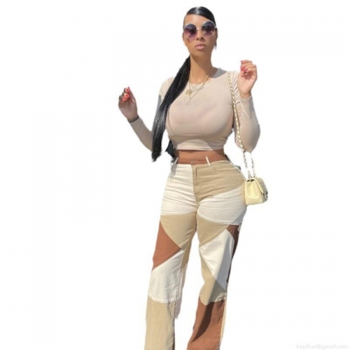 Women's Patchwork Color Block High Waist Flare Jeans High Stretch Cotton Blend Denim Pants Urban Fashion Slim Fit Hip Lifting Long Trousers