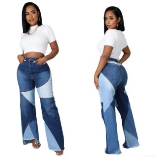 Women's High Waist Patchwork Denim Flare Jeans High Stretch Straight Wide Leg Color Block Trousers With Frayed Hem Casual Streetwear Pants