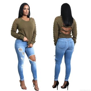 Women's High Stretch Ripped Skinny Jeans Distressed Washed Denim Pencil Pants Fashion Streetwear Slim Fit Light Blue Denim Trousers For Ladies