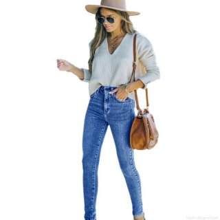 Women's High Waist Skinny Jeans Stretch Cotton Blend Washed Denim Tapered Pants Slim Fit Denim Trousers For Casual Daily Wear Grey Blue