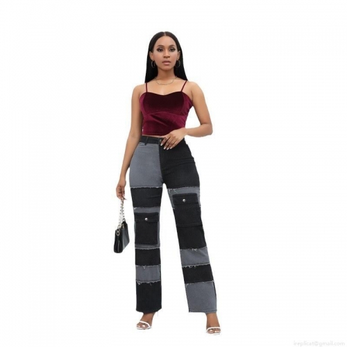 Women High Waisted Patchwork Straight Leg Jeans Casual Denim Cargo Pants Color Block Streetwear Multi Pocket Trousers For Women