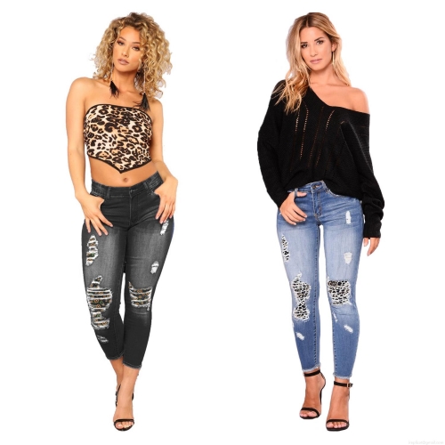 Women's High Waisted Skinny Ripped Jeans Cotton Blend Distressed Denim Cropped Pants With Leopard Print Patchwork Streetwear Slim Fit Jeggings