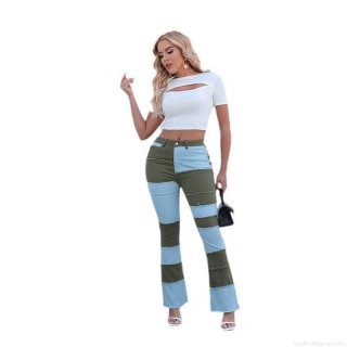 Women's High Waist Patchwork Flare Jeans Stretch Cotton Denim Color Block Raw Hem Trousers For Casual Streetwear Women Long Pants