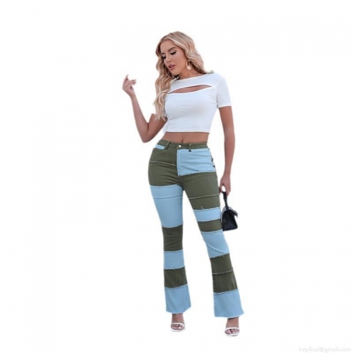 Women's High Waist Patchwork Flare Jeans Stretch Cotton Denim Color Block Raw Hem Trousers For Casual Streetwear Women Long Pants