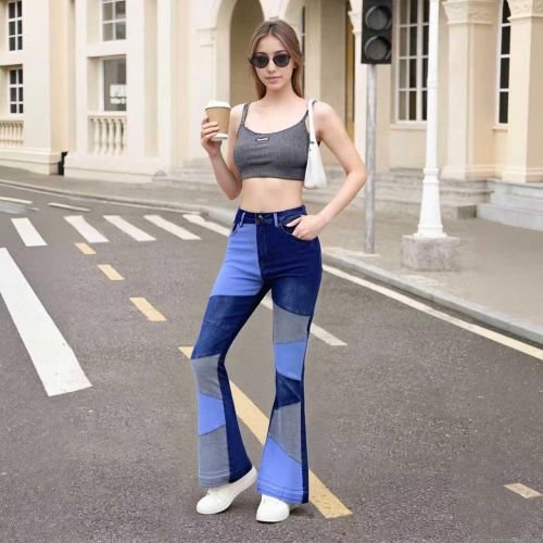 Women's Patchwork High Waist Flare Jeans Cotton Rayon Polyester Spandex Blend High Stretch Bell Bottom Denim Pants For Street Casual Commute Retro Slimming Leg Lengthening Trousers