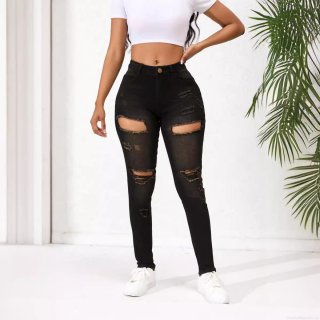 Women's High Elastic Ripped Skinny Jeans Cotton Blend Distressed Frayed Hem Denim Pencil Pants Sexy Streetwear Trousers For Women