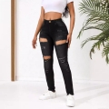 Women's Ripped Skinny Jeans High Stretch Distressed Denim Pants Slim Fit Black Grey Streetwear Style Cotton Blend Long Trousers For Women
