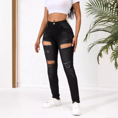 Women's Ripped Skinny Jeans High Stretch Distressed Denim Pants Slim Fit Black Grey Streetwear Style Cotton Blend Long Trousers For Women