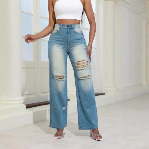 Women's High Waisted Ripped Straight Leg Jeans Loose Distressed Denim Pants With Pockets Casual Streetwear Trousers For Autumn