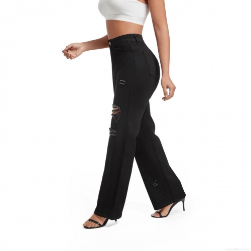 Women's High Waisted Distressed Wide Leg Jeans Ripped Hole Frayed Denim Cotton Blend High Stretch Casual Streetwear Fashionable Slimming Long Pants