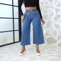 Women's Wide Leg Denim Jeans High Waist Drawstring Elastic Waistband Loose Cropped Nine-Point Pants Casual Washed Cotton Blend Trousers For Lady