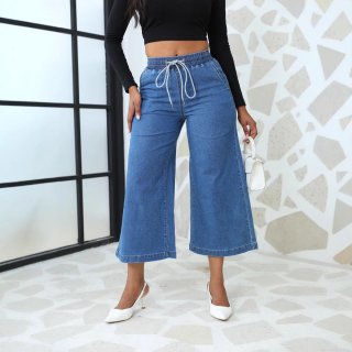 Women's Wide Leg Denim Jeans High Waist Drawstring Elastic Waistband Loose Cropped Nine-Point Pants Casual Washed Cotton Blend Trousers For Lady