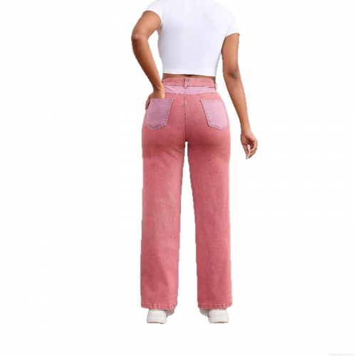 Women Wide Leg Denim Jeans Spliced Contrast Color High Waist Cotton Rayon Polyester Spandex Blend Stretchy Straight Long Trousers Streetwear Casual Pants