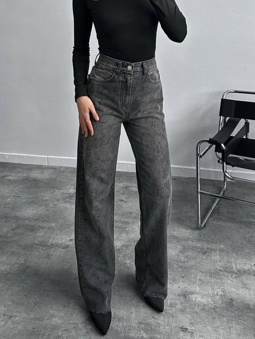 Women's High Waisted Wide Leg Jeans Leopard Print Cotton Blend Straight Denim Pants Streetwear Casual Loose Long Trousers Fashionable Black Gray
