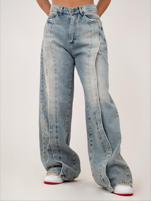 Women's Low Waist Distressed Flared Jeans Vintage Washed 100% Cotton Denim Floor Length Wide Leg Pants Streetwear Spicy Girl Y2K Style Bottoms