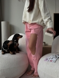 Women American West Coast Style High Waist Ripped Jeans Pink 100% Cotton Denim Distressed Wide Leg Loose Fit Pants Streetwear Dopamine Fashion Trousers