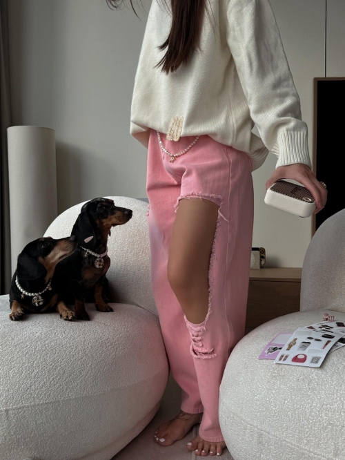 Women American West Coast Style High Waist Ripped Jeans Pink 100% Cotton Denim Distressed Wide Leg Loose Fit Pants Streetwear Dopamine Fashion Trousers