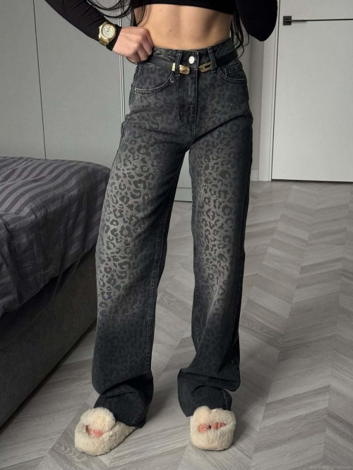 Women's Leopard Print High Waisted Jeans 100% Cotton Denim Wide Leg Pants Casual Straight Long Trousers For Fashion Streetwear